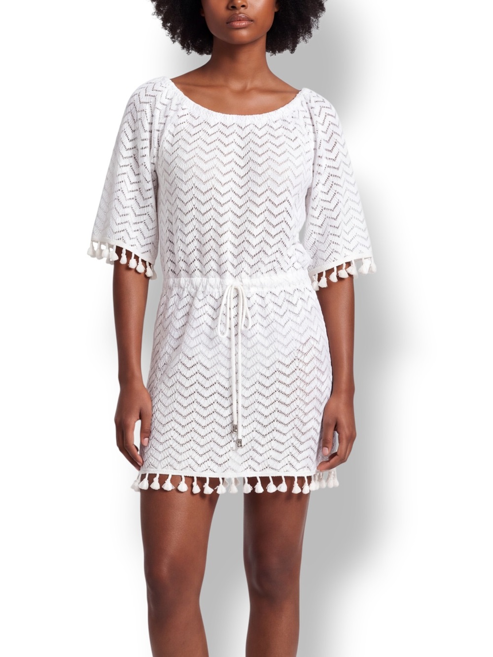 4/$20 Blue Island Large White Crochet Fringe Drawstring Swim Cover Up Tunic